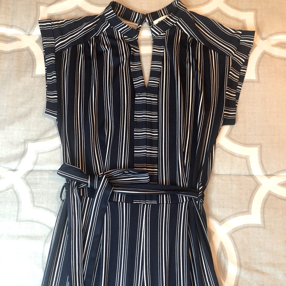 Navy blue and white striped jumpsuit